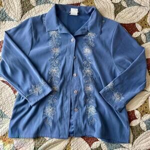 Vintage blue faux suede cottagecore grandma embroidered long sleeve button up